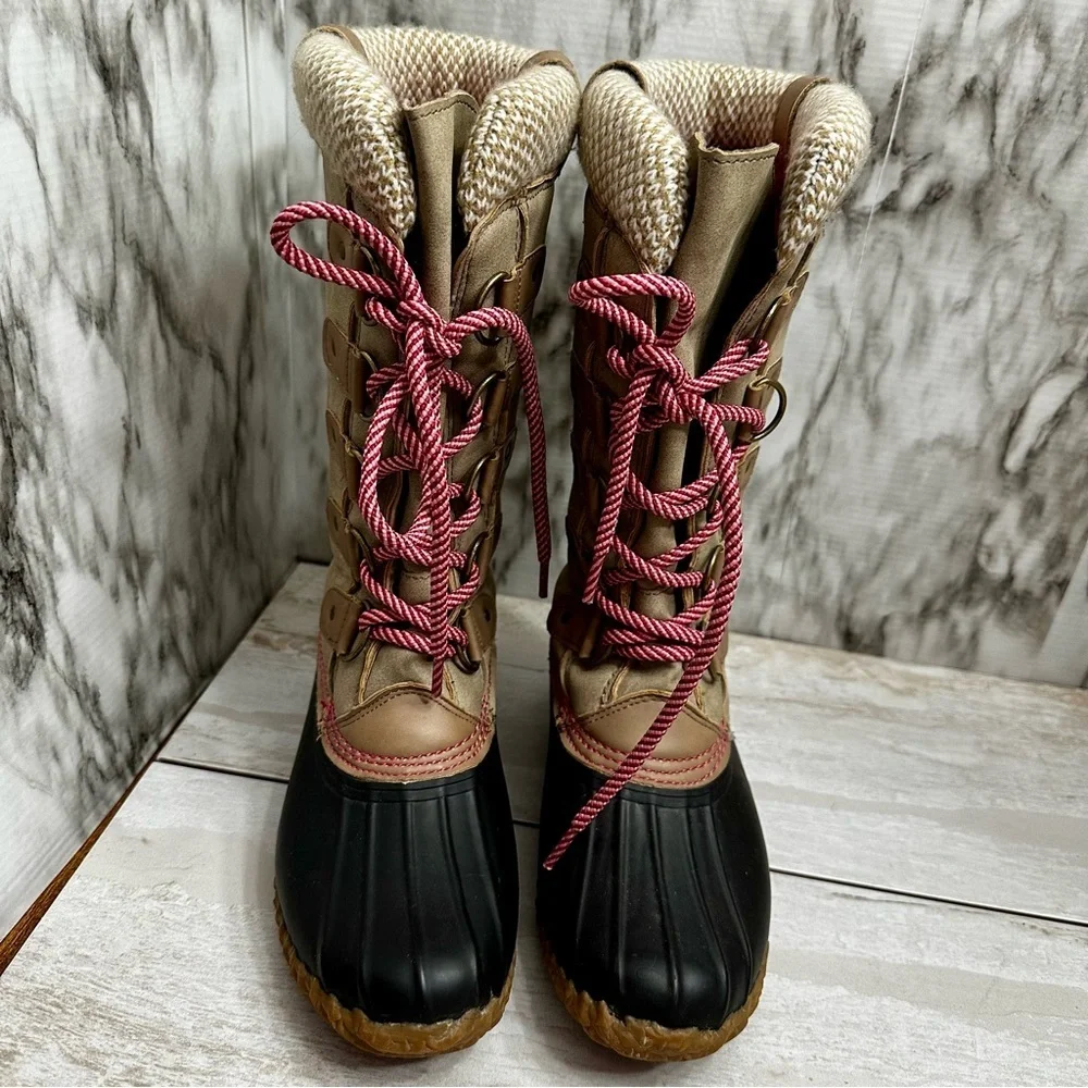 Espirit Women Sz 7 Pink Tan Belinda Muck Boots Farmcore Lace Up Tall Duck Shoes